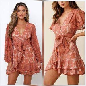 Halfisland Lace Outer Deep V Boho Faux Wrap Tired Flounce Hem Mini Dress